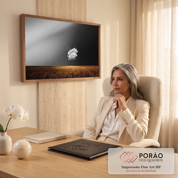 Árvore com copa de nuvem e pássaros sobre trigal dourado sob céu cinza e preto, quadro decorativo