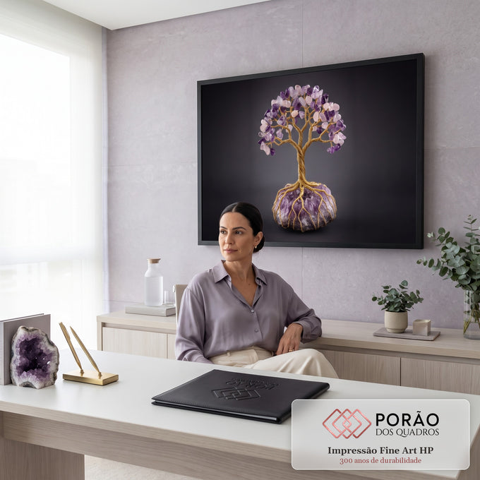 Árvore de fio dourado com folhas de ametista e quartzo rosa sobre drusa de cristal, quadro decorativo