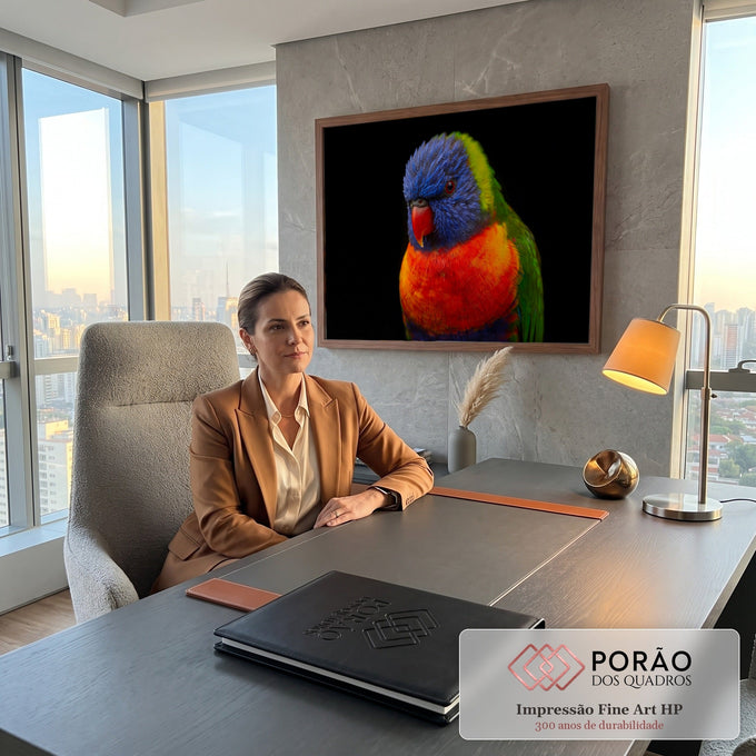 Lóris-arco-íris em close com cabeça azul, bico vermelho e peito laranja sobre fundo preto, quadro decorativo