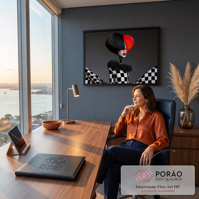 Mulher surreal com cabelo preto, coração vermelho e roupa xadrez em fundo cinza, quadro decorativo