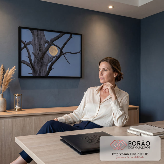 Quadro Decorativo Grande Lua Cheia Árvore Seca para Sala | quadros decorativos | lua cheia dourada emoldurada por galhos secos de árvore contra céu azul crepuscular | em ambiente 2 | Porao dos Quadros