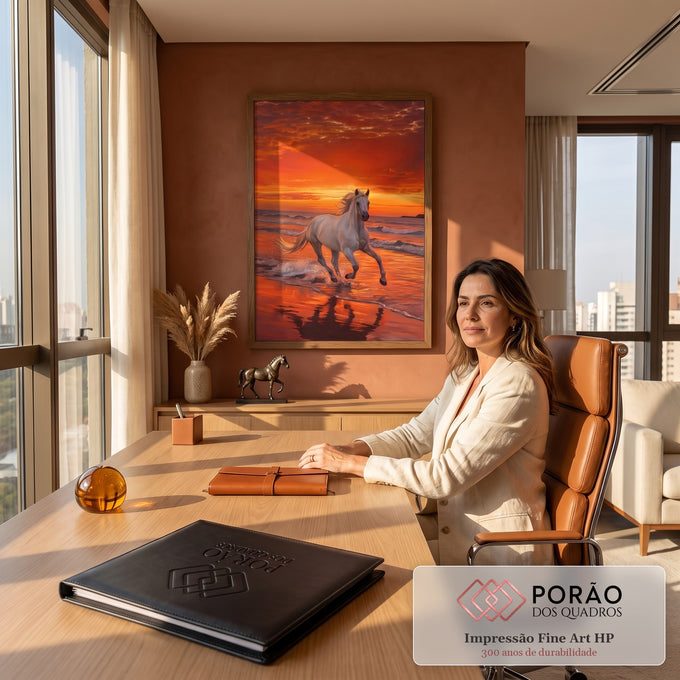 Cavalo branco galopando na praia sob pôr do sol vermelho e laranja, reflexo na areia molhada, quadro decorativo