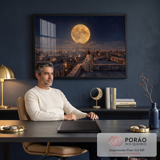 Jesus sentado em terraço contemplando cidade iluminada sob lua cheia e céu estrelado, quadro decorativo