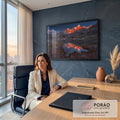 Quadro Decorativo Grande Montanhas Alaranjadas para Sala | quadros decorativos | cordilheira alaranjada pelo pôr do sol refletida em lago cristalino ao entardecer | em ambiente 2 | Porao dos Quadros