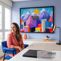 Quadro Decorativo Grande Cidade Geométrica para Sala Rosa | quadros decorativos | cidade de blocos geométricos coloridos com padrões gráficos e montanhas ao fundo | em ambiente 2 | Porao dos Quadros