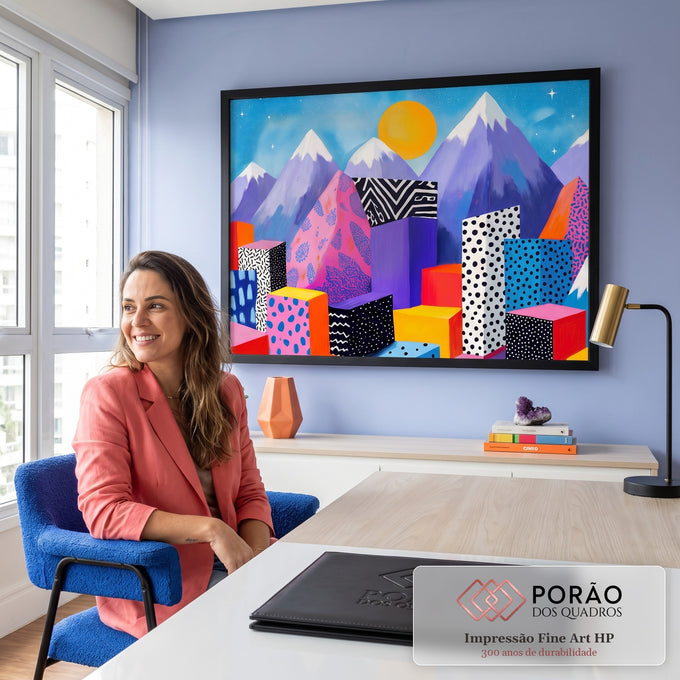 Quadro Decorativo Grande Cidade Geométrica para Sala Rosa | quadros decorativos | cidade de blocos geométricos coloridos com padrões gráficos e montanhas ao fundo | em ambiente 2 | Porao dos Quadros