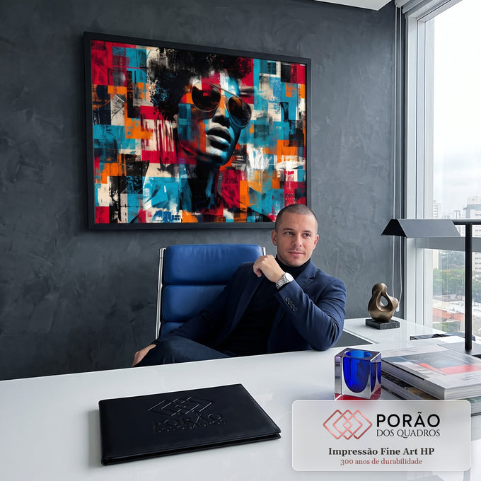 Quadro Decorativo Grande Retrato Pop Art para Sala Azul | quadros decorativos | retrato pop art com óculos aviador e cabelo black power em mosaico colorido | em ambiente 2 | Porao dos Quadros