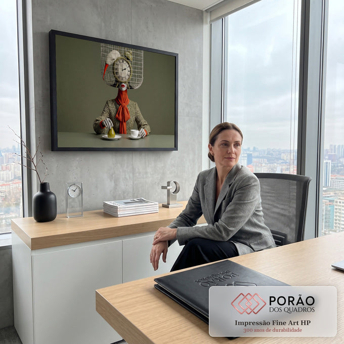Figura feminina com gaiola, relógio e pássaro na cabeça, lenço laranja, pera e xícara, quadro decorativo