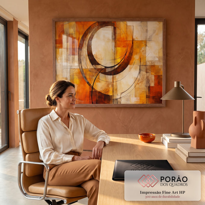 Pintura abstrata com arcos marrons e linhas finas sobre blocos laranja e bege, quadro decorativo