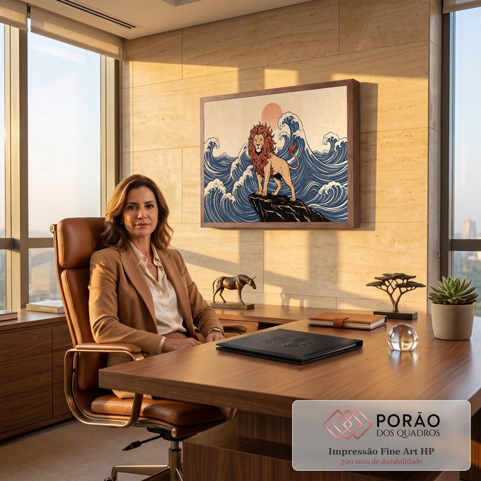 Quadro Decorativo Grande Leão com Juba de Fogo para Sala | quadros decorativos | leão sobre rocha com juba em chamas vermelhas e ondas japonesas azuis ao fundo | em ambiente 2 | Porao dos Quadros