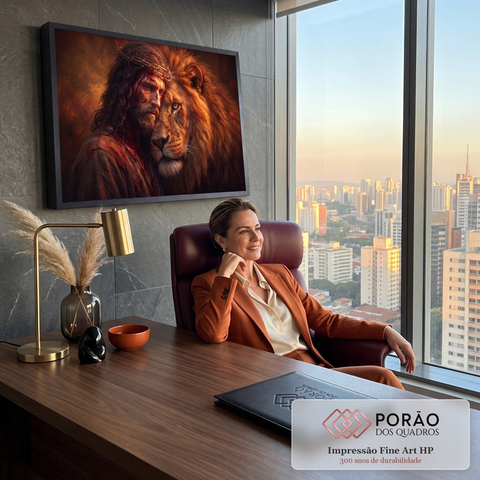 Quadro Decorativo Grande Jesus Dourado para Sala Marrom | quadros decorativos | retrato de Jesus com coroa de espinhos ao lado da cabeça de um leão dourado | em ambiente 2 | Porao dos Quadros