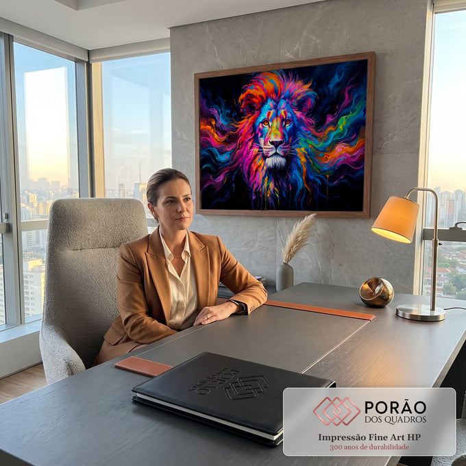 Leão de juba multicolorida em rosa, azul e laranja com pinceladas sobre fundo preto, quadro decorativo