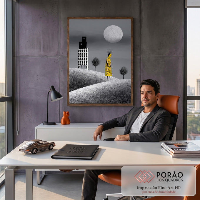 Quadro Decorativo Grande Mulher de Vestido para Sala Amarelo | quadros decorativos | mulher de vestido amarelo com bolinhas pretas sob lua cheia e prédio pontilhado | em ambiente 2 | Porao dos Quadros