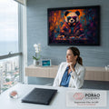 Panda de óculos escuros e fones mixando em toca-discos sobre fundo grafite laranja e azul, quadro decorativo