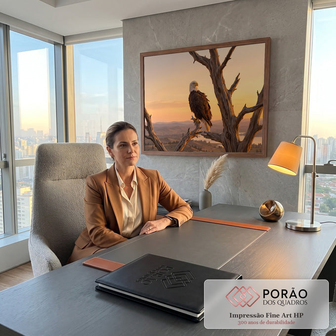 Quadro Decorativo Grande Águia Americana Natureza para Sala | quadros decorativos | águia de cabeça branca pousada em galho seco sob céu alaranjado de pôr do sol | em ambiente 2 | Porao dos Quadros