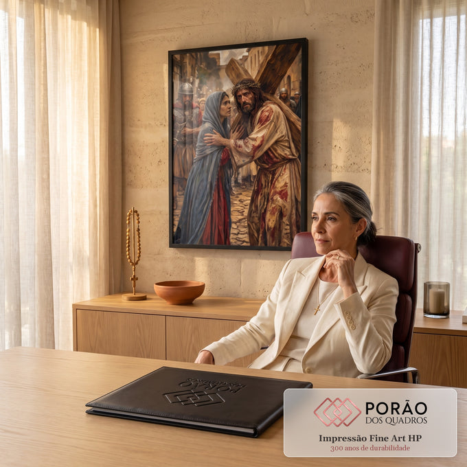 Quadro Decorativo Grande Jesus Carregando Marrom para Sala | quadros decorativos | Jesus com coroa de espinhos carrega cruz de madeira enquanto mulher toca seu peito | em ambiente 2 | Porao dos Quadros