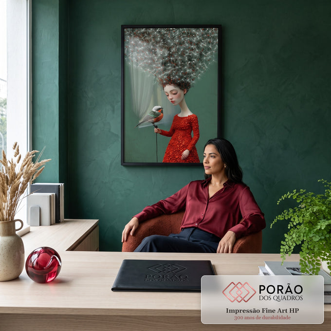 Mulher surreal de vestido vermelho com cabelo de dente de leão e pássaro, fundo verde, quadro decorativo