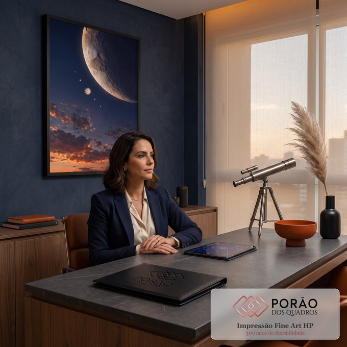 Lua crescente com crateras, Júpiter e planetas sobre nuvens alaranjadas ao entardecer, quadro decorativo