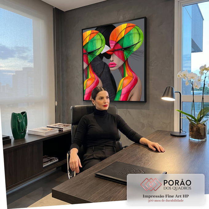 Mulher com rosto pintado em cores geométricas abraçada por figura preta em fundo cinza, quadro decorativo