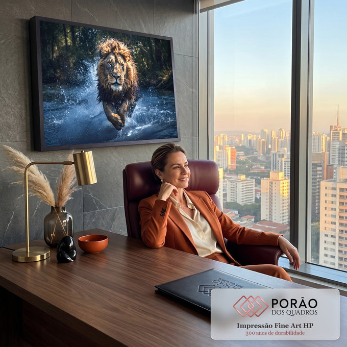 Leão de juba dourada correndo pelo rio azul entre respingos de água e floresta escura, quadro decorativo