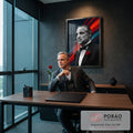Homem de smoking com charuto e rosa vermelha em P&B sobre luzes vermelhas e azuis, quadro decorativo