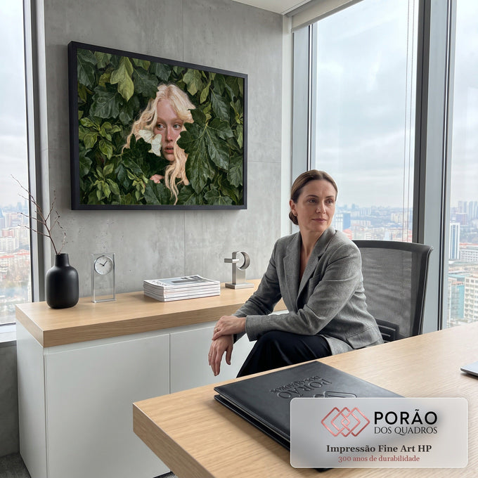 Mulher loira de sardas espiando entre folhagem verde com borboleta branca no rosto, quadro decorativo