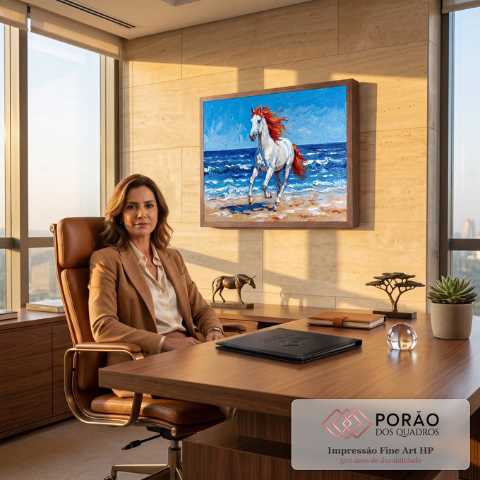 Cavalo branco de crina vermelha galopando na areia diante do mar azul, pintura a óleo, quadro decorativo