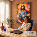 Quadro Decorativo Grande Jesus Mosaico para Sala Laranja | quadros decorativos | Jesus com auréola dourada segurando o globo terrestre em mosaico colorido | em ambiente 2 | Porao dos Quadros