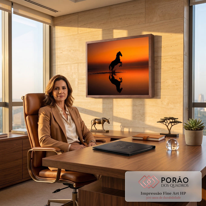 Quadro Decorativo Grande Cavalo Empinado Silhueta para Sala | quadros decorativos | silhueta de cavalo empinado refletida na água sob céu laranja de pôr do sol | em ambiente 2 | Porao dos Quadros