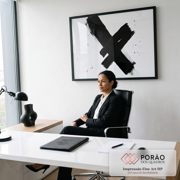Quadro Decorativo Grande Pinceladas Pretas para Sala Preto | quadros decorativos | pinceladas pretas largas formando um X sobre fundo branco com respingos | em ambiente 2 | Porao dos Quadros