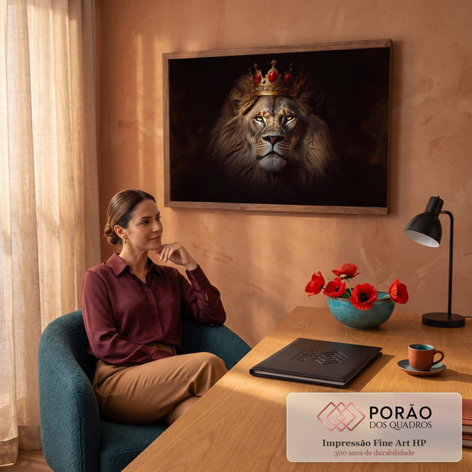 Leão majestoso de frente com coroa dourada cravejada de rubis sobre fundo preto, quadro decorativo