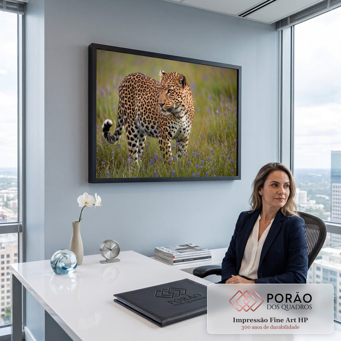 Leopardo de olhar atento caminhando em prado verde com flores lilás, fotografia, quadro decorativo
