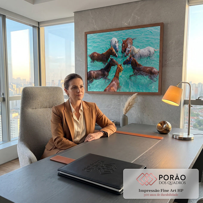 Quadro Decorativo Grande Cavalos em Círculo para Sala Azul | quadros decorativos | sete cavalos nadando em mar turquesa formando um círculo com cabrestos coloridos | em ambiente 2 | Porao dos Quadros