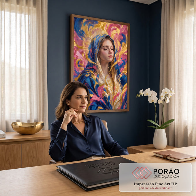 Quadro Decorativo Grande Nossa Senhora Manto para Sala Azul | quadros decorativos | mulher com véu azul e halo dourado em fundo abstrato colorido | em ambiente 2 | Porao dos Quadros