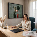 Casal surreal se beijando, homem de bolinhas e blazer xadrez, mulher de suéter vermelho, quadro decorativo