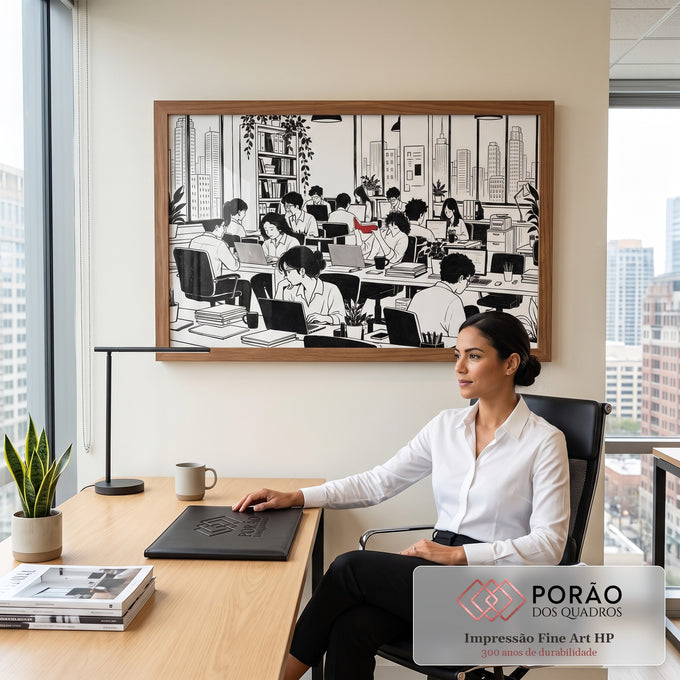 Quadro Decorativo Grande Escritório para Escritório Preto | quadros decorativos | ilustração em preto e branco de escritório movimentado com um livro vermelho em destaque | em ambiente 2 | Porao dos Quadros
