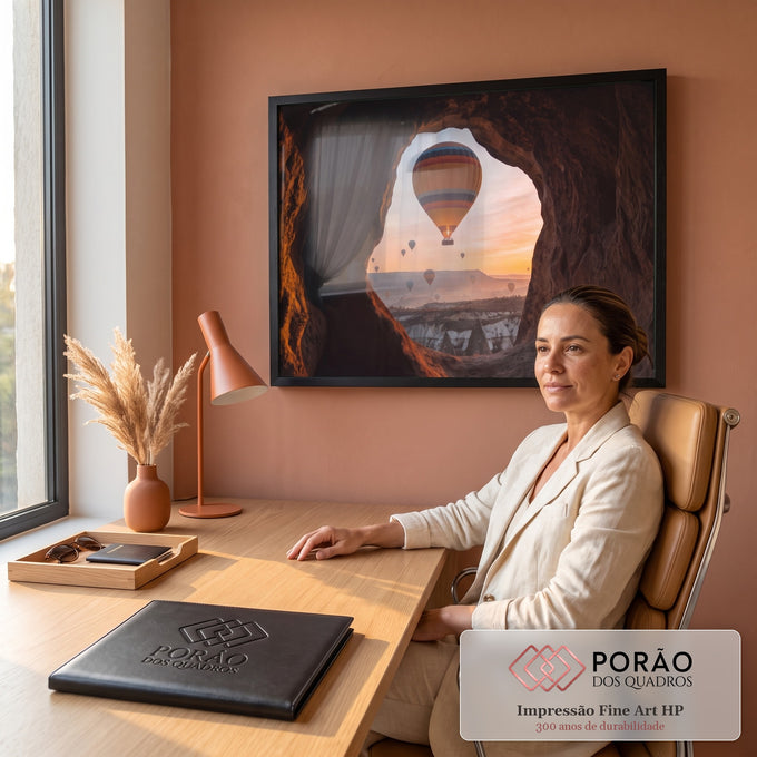 Quadro Decorativo Grande Balão de Ar para Sala Laranja | quadros decorativos | balão de ar quente visto por abertura de rocha sobre vale ao nascer do sol | em ambiente 2 | Porao dos Quadros