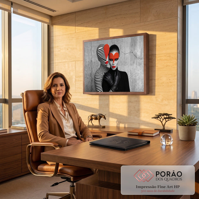 Duas mulheres fashion, uma de listras preto e branco e outra com máscara de coração vermelho, quadro decorativo