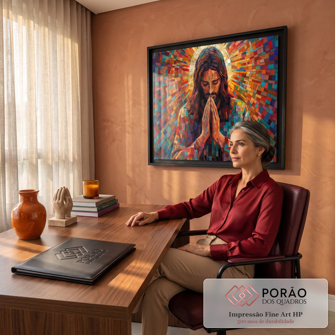 Quadro Decorativo Grande Jesus em Oração Mosaico para Sala | quadros decorativos | Jesus em oração com mãos postas e halo dourado em fundo de mosaico colorido | em ambiente 2 | Porao dos Quadros