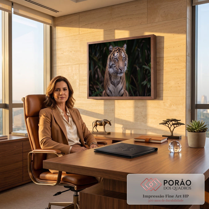 Quadro Decorativo Grande Tigre Olhar Fixo Laranja para Sala | quadros decorativos | tigre em close com olhos claros e fundo de folhagem verde desfocada | em ambiente 2 | Porao dos Quadros