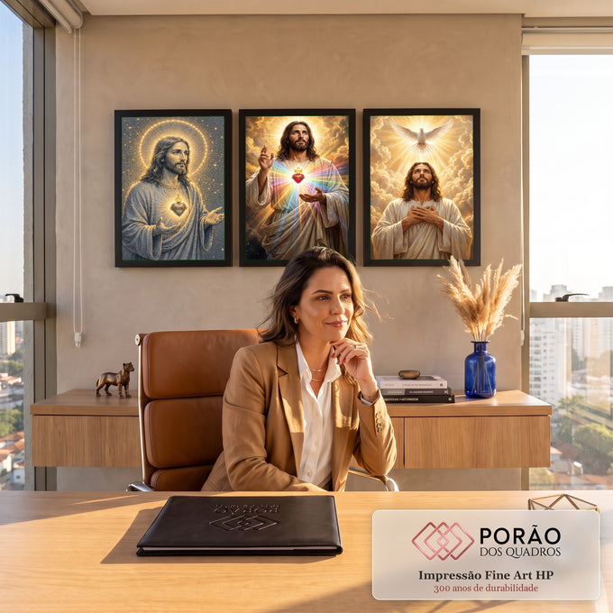 Quadro Decorativo Kit 3 Telas Jesus Luz para Sala Dourado | quadros decorativos | três representações de Jesus Cristo com coração sagrado, luz dourada e pomba branca | em ambiente 2 | Porao dos Quadros