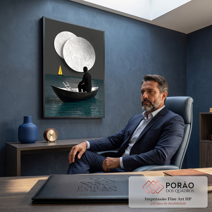 Quadro Decorativo Grande Figura em Barco para Sala Preto | quadros decorativos | figura encapuzada em barco preto observando duas luas brancas texturizadas no céu | em ambiente 2 | Porao dos Quadros
