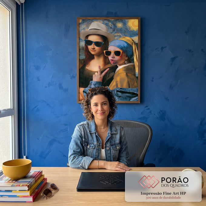 Mona Lisa e Moça do Brinco de Pérola de óculos escuros fazendo selfie na Noite Estrelada, quadro decorativo