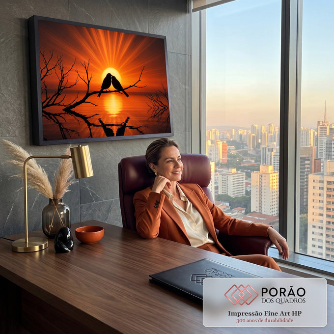 Casal de pássaros em silhueta num galho seco e pôr do sol laranja refletido no lago, quadro decorativo