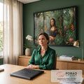 Quadro Decorativo Grande Mona Lisa Verde para Sala | quadros decorativos | retrato estilo Mona Lisa cercado por folhagens tropicais verdes e flores coloridas | em ambiente 2 | Porao dos Quadros