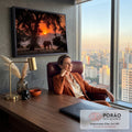 Elefante caminhando na savana africana sob grande árvore ao pôr do sol laranja, quadro decorativo