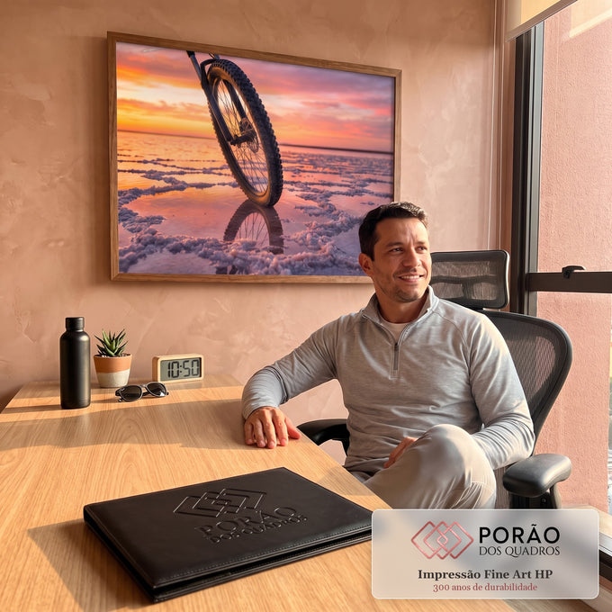 Quadro Decorativo Grande Bicicleta no Pôr do Sol para Sala | quadros decorativos | roda de bicicleta em destaque sobre salar refletindo pôr do sol colorido | em ambiente 2 | Porao dos Quadros