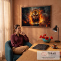 Quadro Decorativo Grande Tigre Rosnando para Sala Laranja | quadros decorativos | tigre rosnando em meio a chamas e fumaça intensa | em ambiente 2 | Porao dos Quadros