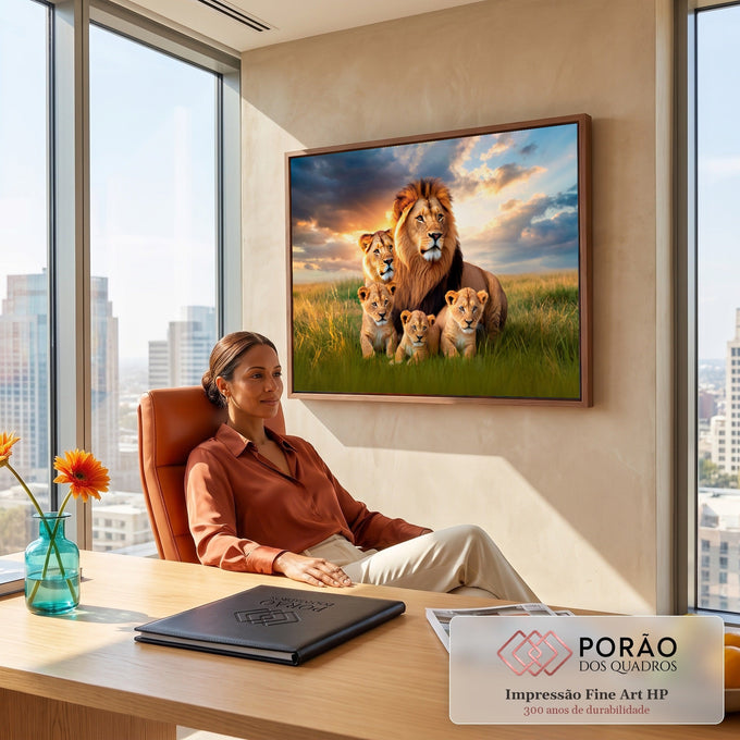 Leão, leoa e três filhotes na grama alta da savana sob céu alaranjado de pôr do sol, quadro decorativo