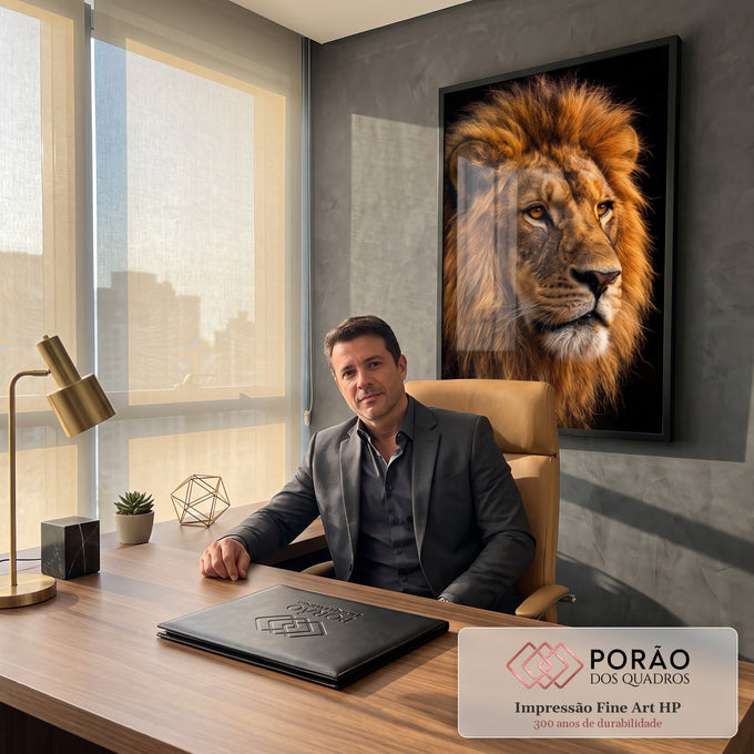 Quadro Decorativo Grande Retrato de Leão para Sala Dourado | quadros decorativos | retrato de leão com juba dourada iluminada sobre fundo preto intenso | em ambiente 2 | Porao dos Quadros